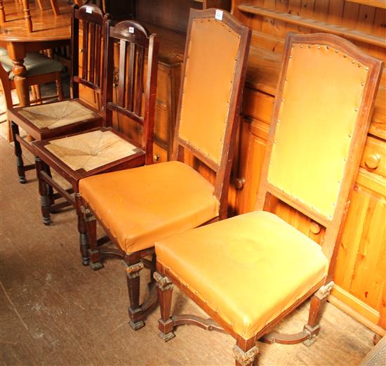 Pair of Morris & Co style chairs & pair of hall chairs